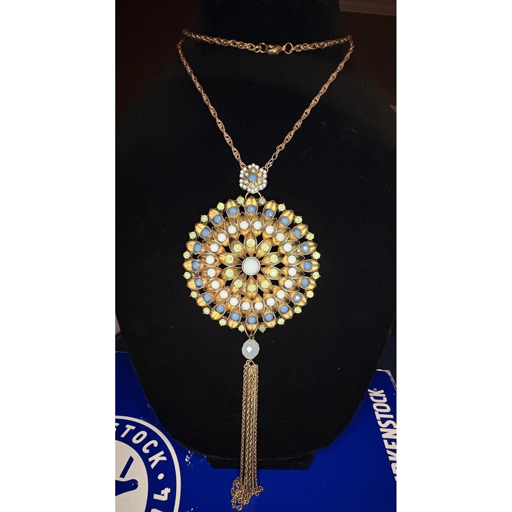 Vintage Style Gold Tone Boho Sunburst Medallion Tassel Statement Necklace Blue